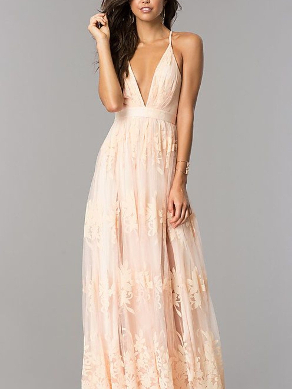 Luxxel Deep Plunging V-Neck Lace Overlay Maxi Dress - Peach & Pink Woman Size S